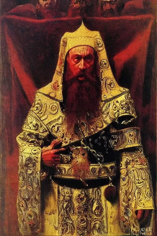 Prompt: ivan the terrible painting but ivan is thanos, painting by ilya repin