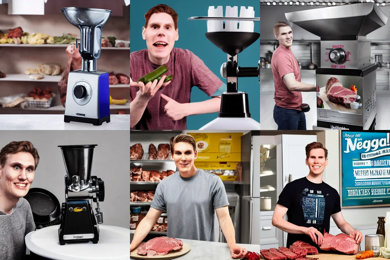 Prompt: streamer and youtuber jerma 9 8 5 stood next to a meat grinder, product advertisement photography still