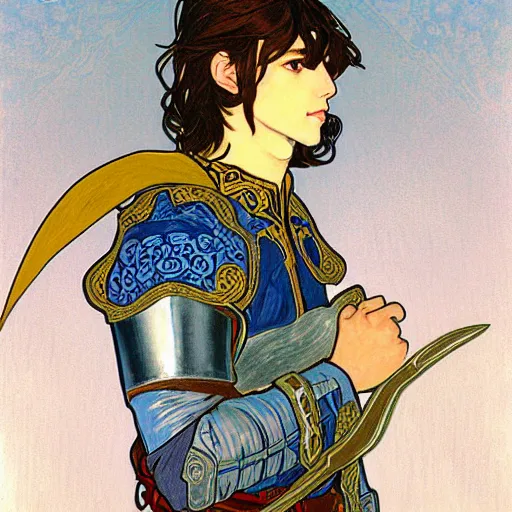 Prompt: portrait painting of young handsome beautiful paladin elf!! man with long! wavy dark hair in his 2 0 s named taehyung minjun at the blueberry party, wearing armor!, long hair, elf ears, blue eyes, blueeyes!, elegant, delicate, soft facial features, art, art by alphonse mucha, vincent van gogh, egon schiele,