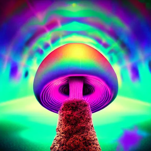 Image similar to cinematic composition of a hallucinogenic magic mushroom trip, anamophic lens, 4 k, color tearing, ego death
