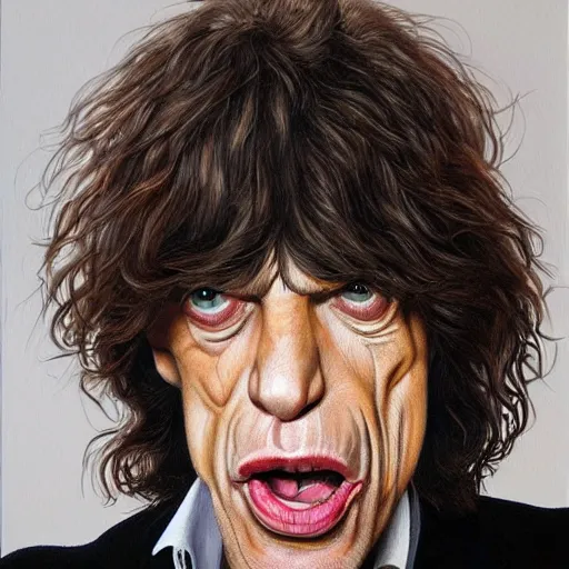 Image similar to Caricature portraits done of Mick Jagger, realistic, hyperrealistic, very realistic, highly detailed, very detailed, extremely detailed, detailed, oil painting, digital art, trending on artstation