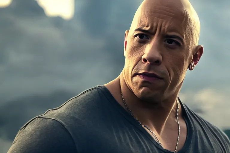 Prompt: vin diesel as dwayne johnson flexing and yelling let's go!, fast furious, low isometric perspective, cinematic still, movie still, long lens, shallow depth of field, bokeh, anamorphic lens flare, 8 k, hyper detailed, 3 5 mm film grain