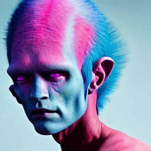 Prompt: a beautiful young athletic male characterized as an alien with blue and pink ombre scales skin, the alien has white hair that moves with the wind, the alien has pointy ears, the alien has slanted eyes, photographed by erwin olaf for a dune movie