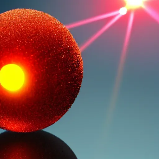 Prompt: a ball of gold nanoparticles, illuminated by a red laser beam, the environment is living