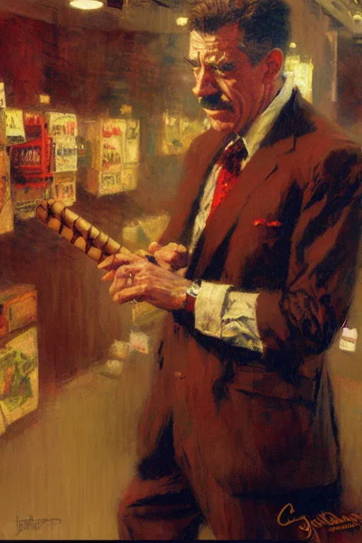 Image similar to j jonah jameson picking out cigars painting by gaston bussiere, craig mullins