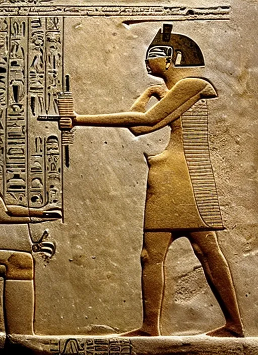 Image similar to ancient egyptian relief of a man shooting a bolt action rifle