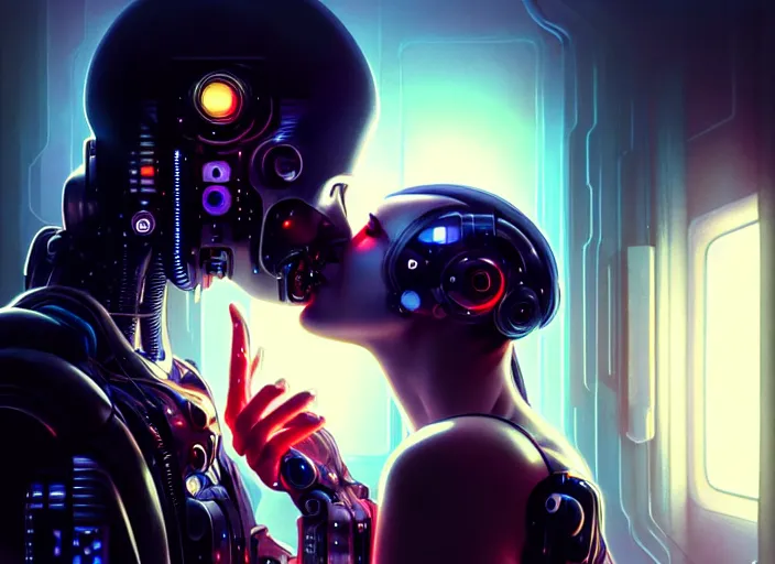 Image similar to ultra realistic medium shot of a couple of cyborgs kissing, lovers, cyberpunk, sci - fi, fantasy, kodak, colour led, soft light, volumetric lighting, night, intricate, highly detailed, digital painting, concept art, smooth, sharp focus, illustration, art by artgerm and greg rutkowski and alphonse mucha