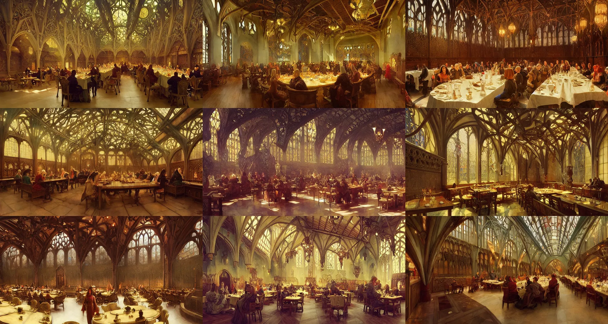 Prompt: medieval royal dining hall, art nouveau architecture, fantasy, art by joseph leyendecker, ivan aivazovsky, ruan jia, reza afshar, marc simonetti, alphonse mucha