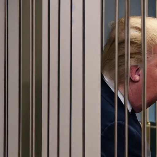 Image similar to Trump crying like a baby behind jail cell bars.