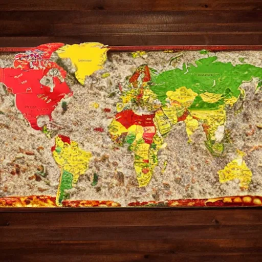 Image similar to the world map but made of pizza