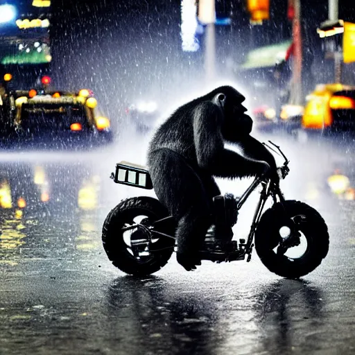 Image similar to a gorilla is riding a motor cycle in a cyberpunk city, shot from far away, during night, raining, many puddles on the street