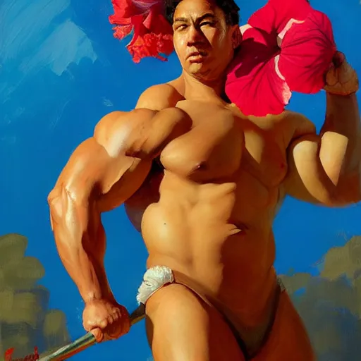 Prompt: greg manchess portrait of himera man and hibiscus as roided thick muscular weightlifter fantasy medium shot, asymmetrical, profile picture, organic painting, sunny day, matte painting, bold shapes, hard edges, street art, trending on artstation, by huang guangjian and gil elvgren and sachin teng