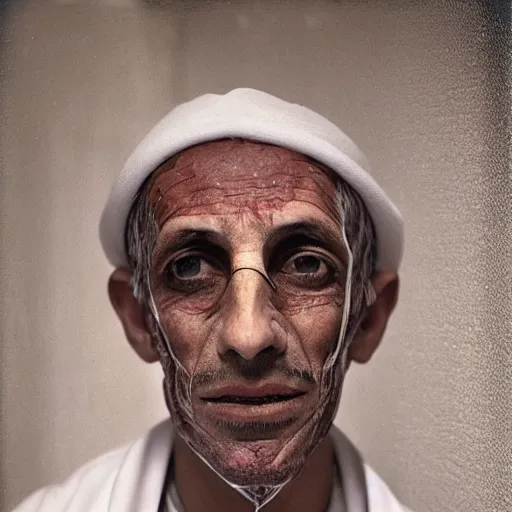 Image similar to portrait of a middle - aged middle - eastern doctor. his skin is dessicated and mummified. his eyes are keen. portrait photography by annie liebovitz.