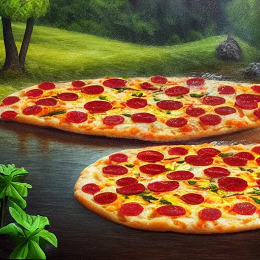 Prompt: highly detailed, high resolution, hyper realistic, 8 k, trending on artstation, landscape nature painting, trees made out of pizza, ground is made of cheese and pepperoni, waterfall made of marinara sauce, clouds are bell peppers, mushrooms