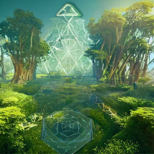 Prompt: sacred geometry overgrown cryengine render by android jones, syd mead, and john stephens