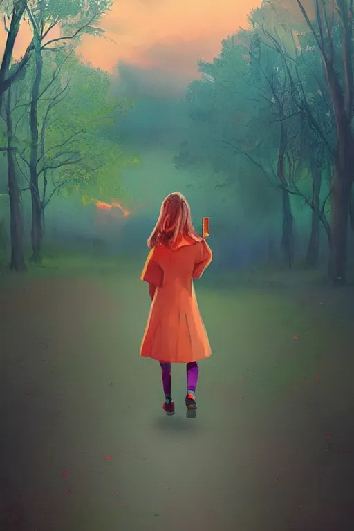 Image similar to a girl walking in park with book in her hand, surreal photography, sunrise, dramatic light, impressionist painting, colorful clouds, digital painting, artstation, simon stalenhag