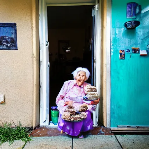 Image similar to Fisheye photo front door old woman selling cookies