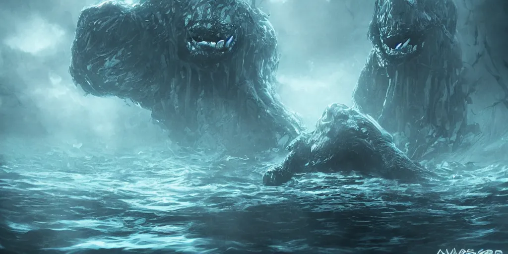 Prompt: Deep underwater with an enormous evil creature looming in the distance, digital art, trending on Artstation,