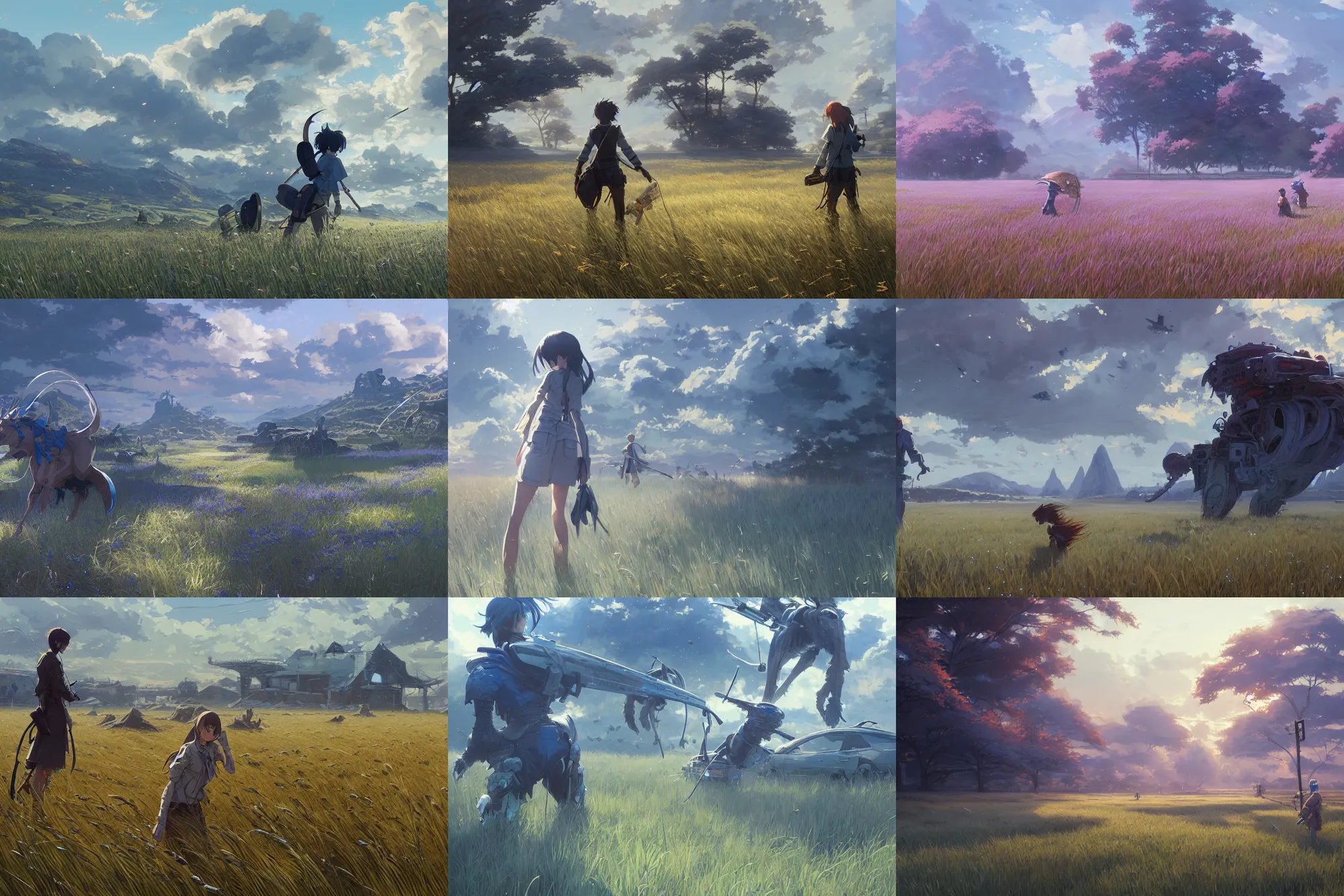 Prompt: blue grass fields, semirealistic, hyper detailed, digital painting, artstation, concept art, sharp focus, illustration, art by makoto shinkai and masamune shirow and greg rutkowski