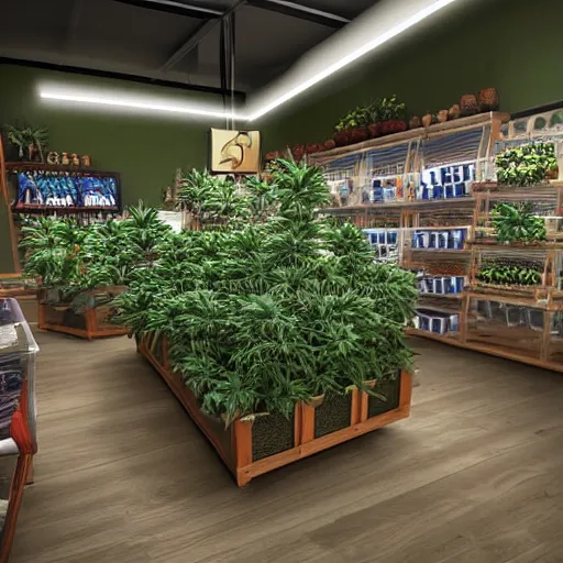Prompt: bustling small shop neatly organised retail cannabis leaves in cute designer planters, aussie, environment portrait ink drawn by steve hanks, australia video game still render by pixar