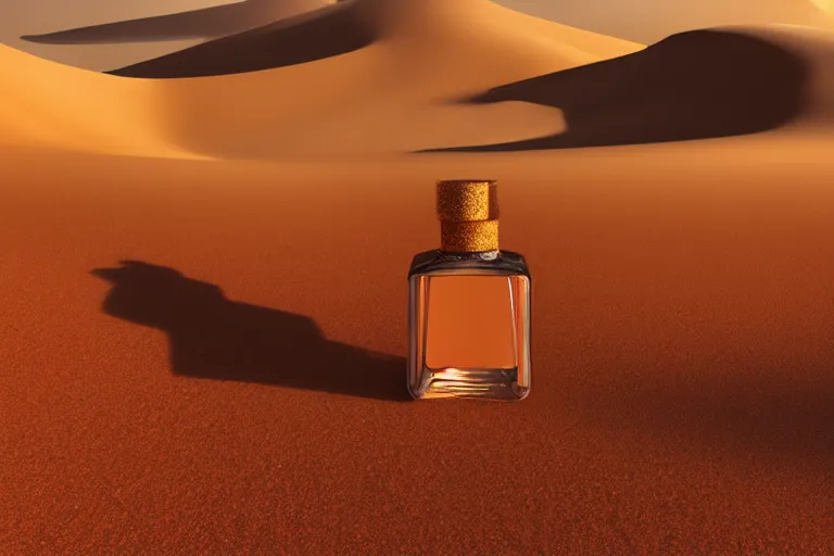 Image similar to perfume bottle buried in a sandy dreamy dune, marmelade orange colors, dramatic, mid day, sand dune background, large scale, hyperrealistic, lots of detail, realistic lighting, octane render, by wlop, artgerm, trending on artstation