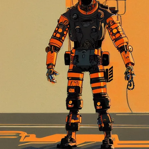 Image similar to cyberpunk mechanic dude with robotic calves. orange and black color scheme. concept art by james gurney and mœbius. apex legends character art