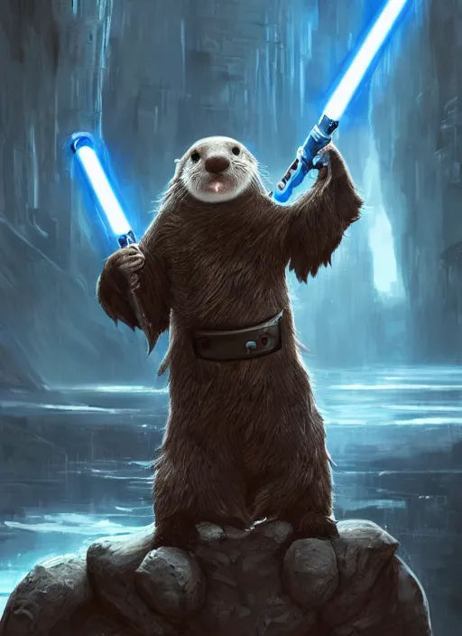 Image similar to portrait, anthropomorphic otter wearing Jedi robes wielding a blue lightsaber in a futuristic river town. Dramatic lighting, cinematic, establishing shot, extremely high detail, photo realistic, post processed, artstation, matte painting, style by eddie mendoza, raphael lacoste, alex ross