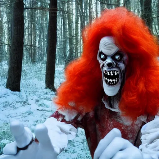 Image similar to ronald mcdonald as a dark scary horror creature with teeth in the woods with only one flashlight