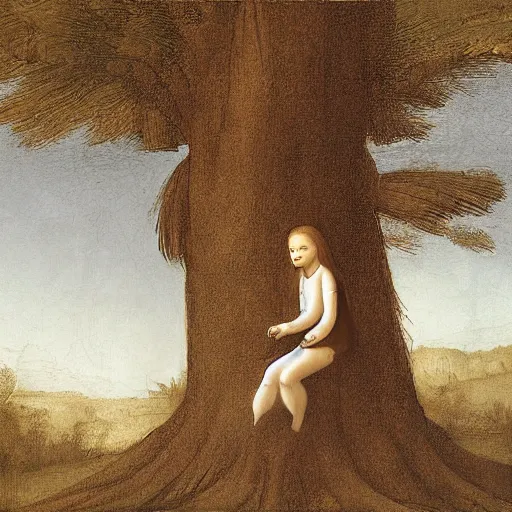 Image similar to girl with long hair sits in a tree by davinci