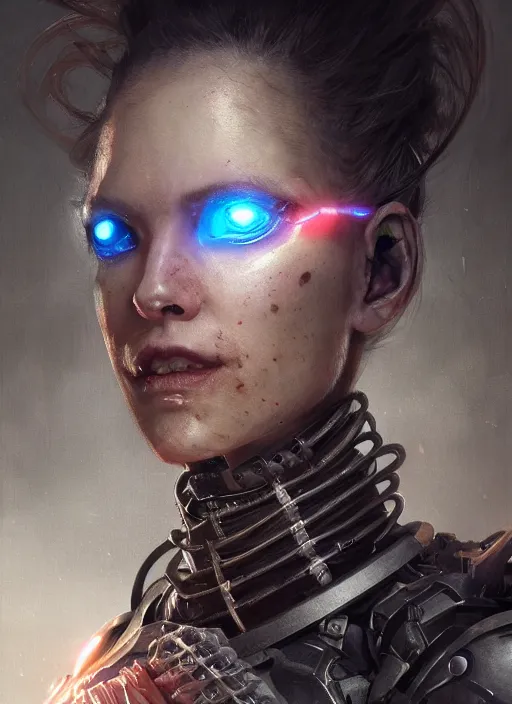 Image similar to A portrait of a female cyborg in armour heellraiser by Greg Rutkowski, Sung Choi, Mitchell Mohrhauser, Maciej Kuciara, Johnson Ting, Maxim Verehin, Peter Konig, final fantasy, 8k photorealistic, cinematic lighting, HD, high details, dramatic, atmospheric , trending on artstation