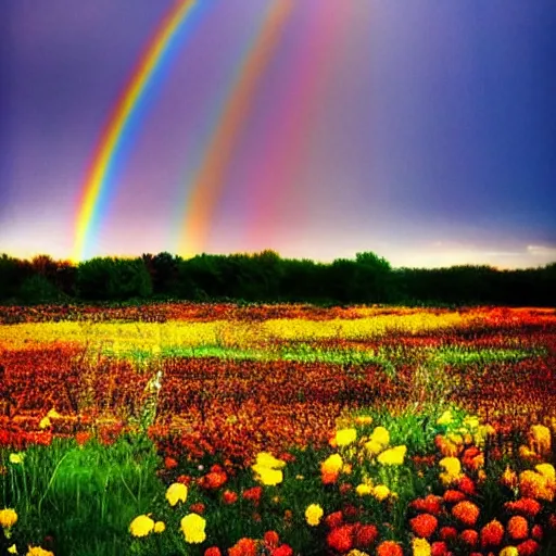 Image similar to candles, field of flowers, magic enchantment, rainbow, sunshine, fall