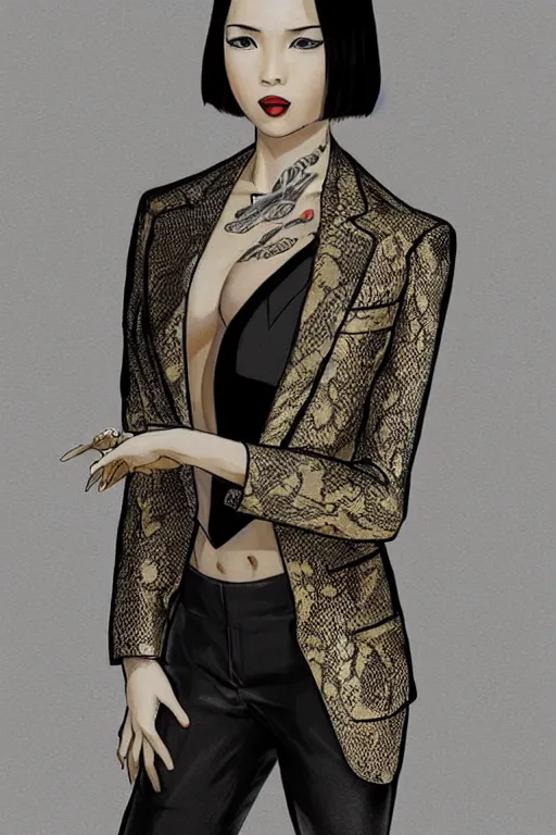 Prompt: yakuza slim girl, gold suit jacket in snake print, jacket over bare torso, yakuza tattoo on body, black short curtain bob haircut, black leather pants with black belt, portrait, elegant, 2d, ultra highly detailed, digital painting, smooth, sharp focus, artstation, art by Ilya Kuvshinov, rossdraws