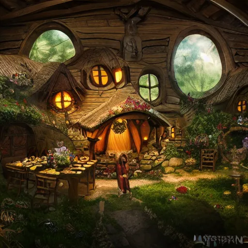 Image similar to a party inside a medieval hobbit house, ornate, beautiful, atmosphere, vibe, flowers, concept art illustration, color page, 4 k, tone mapping, doll, akihiko yoshida, james jean, andrei riabovitchev, marc simonetti, yoshitaka amano, digital illustration, greg rutowski, volumetric lighting, sunbeams, particles