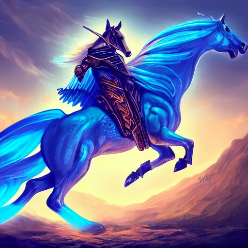Prompt: horseman without head on top of horse with wings, colorful of blue color concept art, trending on artstation, highly detailed, intricate, sharp focus, digital art, 8 k
