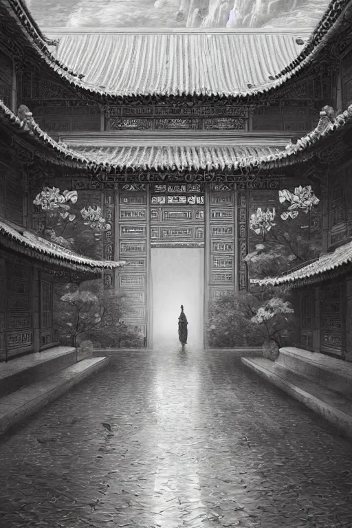 Image similar to antique chinese celestial palace, portrait, powerfull, intricate, elegant, black and white volumetric lighting, scenery, digital painting, highly detailed, artstation, sharp focus, illustration, concept art, ruan jia, steve mccurry