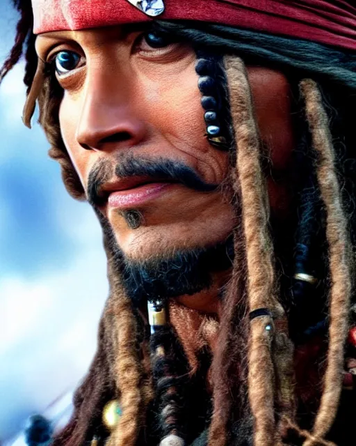 Prompt: Film still close-up shot of Dwayne Johnson as Captain Jack Sparrow from the movie Pirates of the Caribbean. Photographic, photography