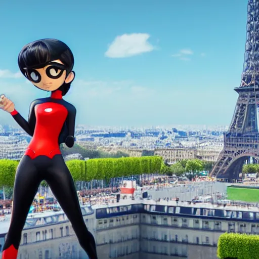 Image similar to dynamic angle of superheroe Marinette Dupain-Cheng from Miraculous: Tales of Ladybug & Cat Noir action pose in front of the eiffel tower, octane render, close-up, fresh, sunny day