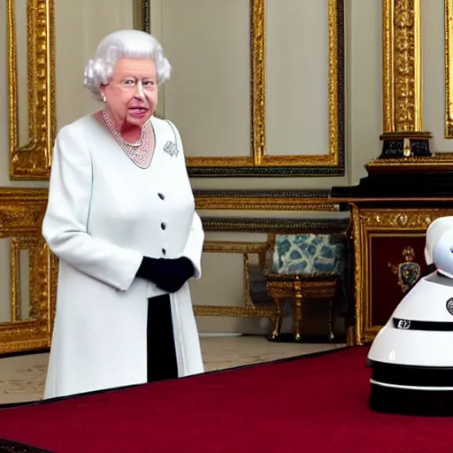 Image similar to Queen Elizabeth playing with a android white robot in the Buckingham palace