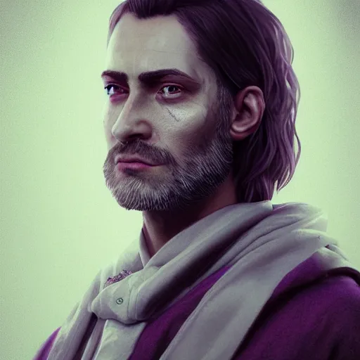 Prompt: a highly detailed portrait of a man with purple eyes, light gray long hair, beardless, without a beard, wearing a black cloak, artstation, DeviantArt, professional, octane render