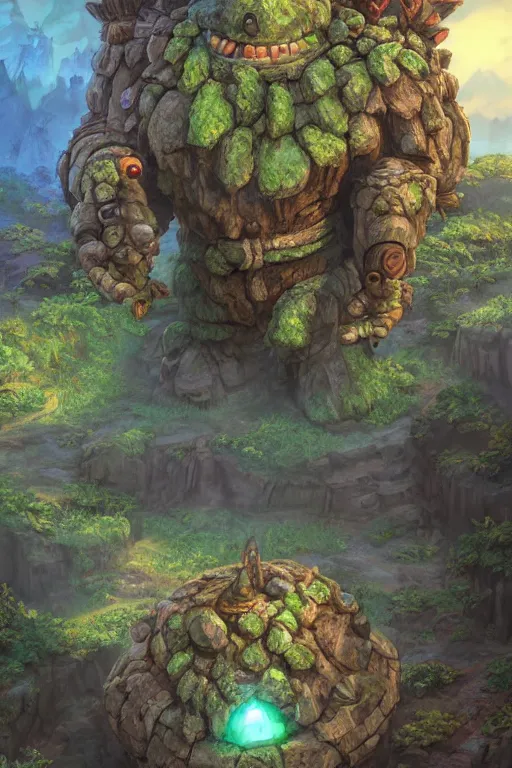 Image similar to zelda fantasy art giant golem troll wood rock greeble gemstone, global illumination ray tracing hdr fanart arstation by sung choi and eric pfeiffer and gabriel garza and casper konefal