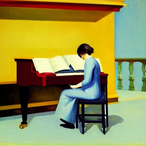 Image similar to painting of a piano player. by edward hopper and james gilleard