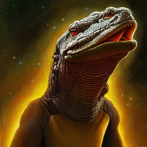 Image similar to a portrait of a male komodo dragon in star trek uniform at night in a dark forest. zootopia fursona furaffinity detailed face painting by gaston bussiere craig mullins jc leyendecker gustav klimt artgerm greg rutkowski