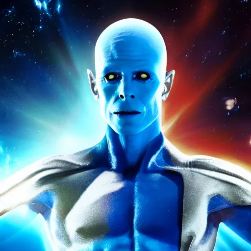 Image similar to film still of David Bowie as Dr. Manhattan in Watchmen, 4k