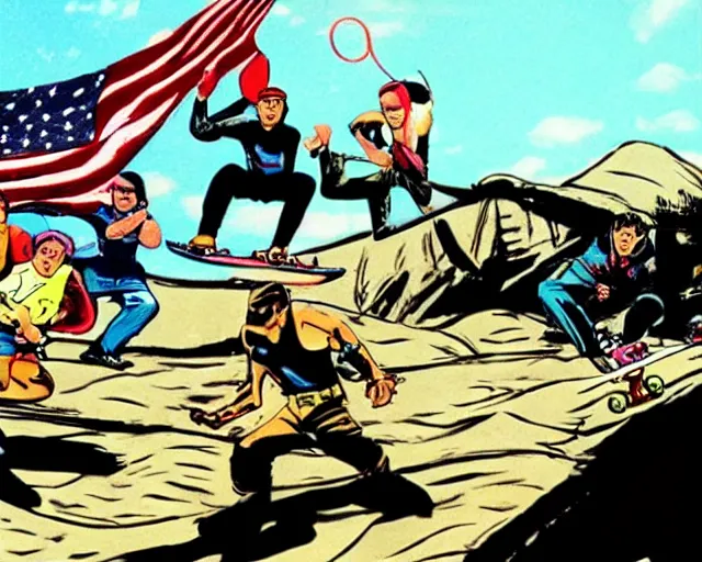 Prompt: Gung-Ho skateboarding on a half-pipe on GI Joe A Real American Hero, 80's cartoon television still