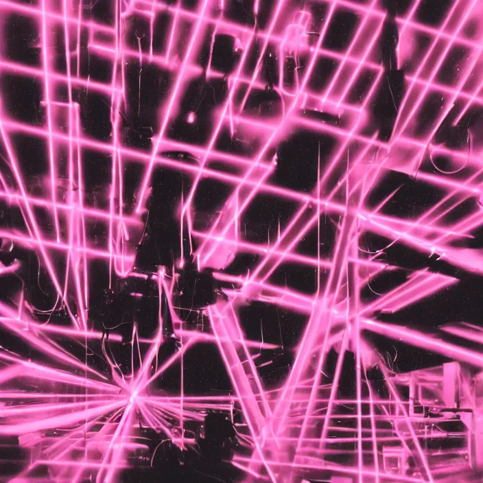 Prompt: concert stage, smoke machine, neon pink light, light beams, sparks, synthesizers and other instruments, dark silhouettes of band, wide view, 1 9 9 0 s album cover, superimposed images of woodwork tools, grainy