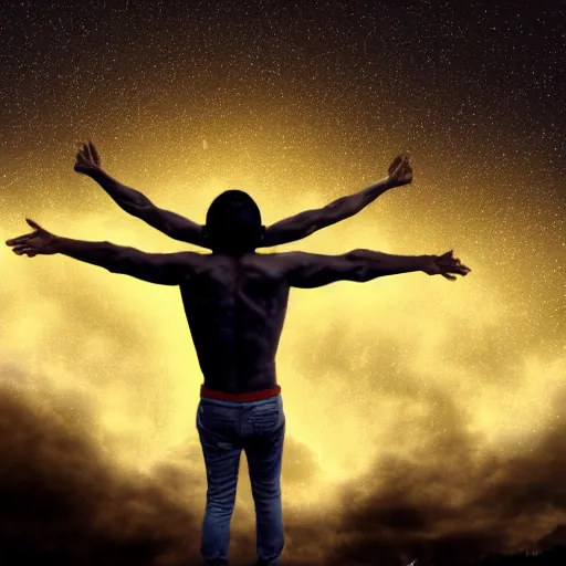 Image similar to A terrifying brown skinned Latino god floating with his arms up, his eyes glowing yellow, casually dressed, his head glowing blue ominously. Shot from below, photorealistic, ominous and apocalyptic dark sky.