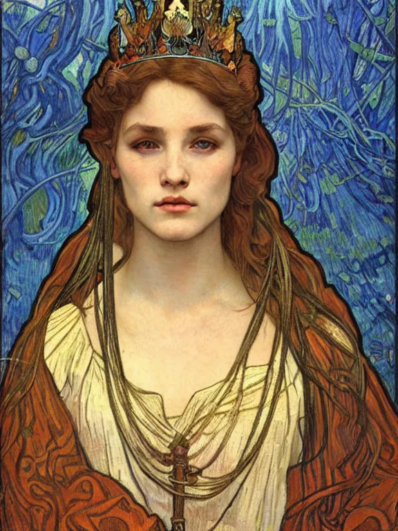 Image similar to detailed realistic beautiful young medieval queen face portrait by jean delville, alphonse mucha, vincent van gogh, and marco mazzoni, art nouveau, symbolist, visionary, gothic, pre - raphaelite