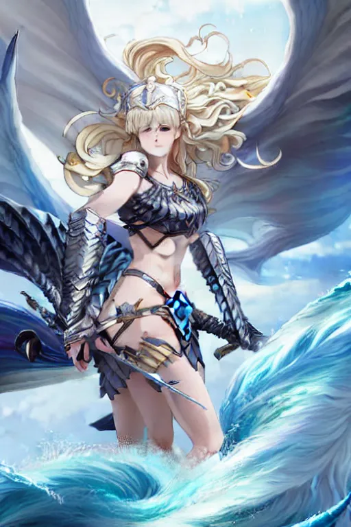 Prompt: beautiful attrative face valkyrie with sea wave and flydragon around her, light flowing hair, anime key visual, absurdly beautiful, highly detailed, sharp focus, concept art, granblue fantasy, anime by serafleur / d pin / rongzhen luo / mingdosa / ruan jia / gemi ningen