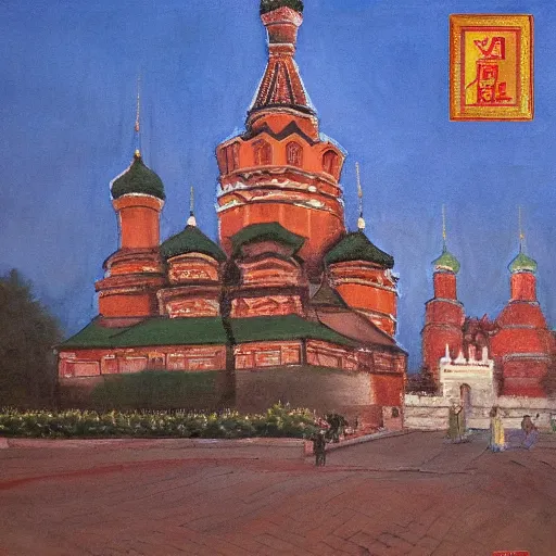 Image similar to chinese - style kremlin and chinese st. basil's cathedral on wide stone square at sawn, portrait of mao on the kremlin, gentle dawn, realistic painting