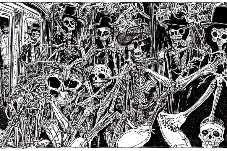 Prompt: scene from interior of a subway car, lunch, day of all the dead, skeletons, artwork by philippe druillet